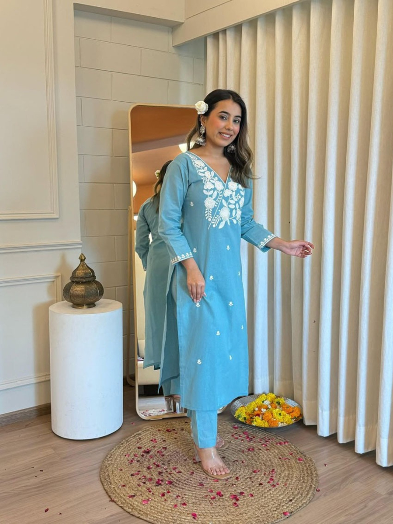 Traditional Ethnic Festive Sky Blue Rayon Straight Suit
