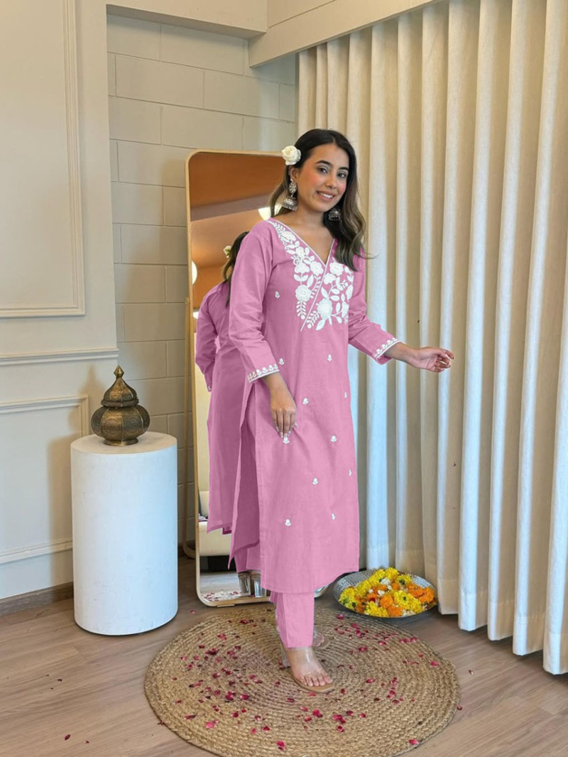 Authentic Elegant Ethnic Pastel Pink Rayon Straight Suit