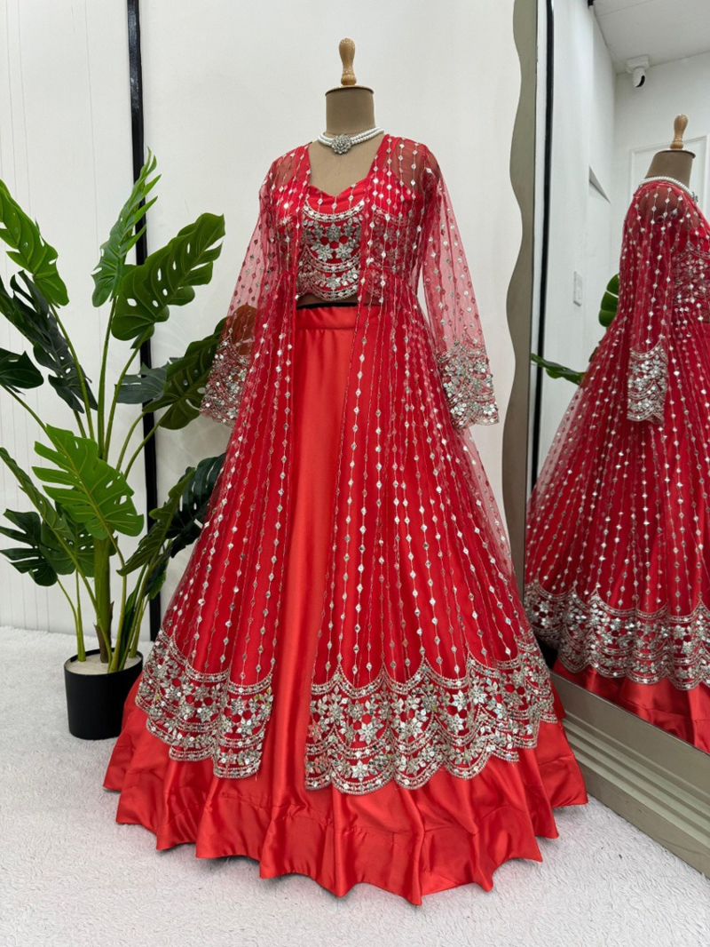 Elegant Ethnic Radiant Red Satin Lehanga Suit