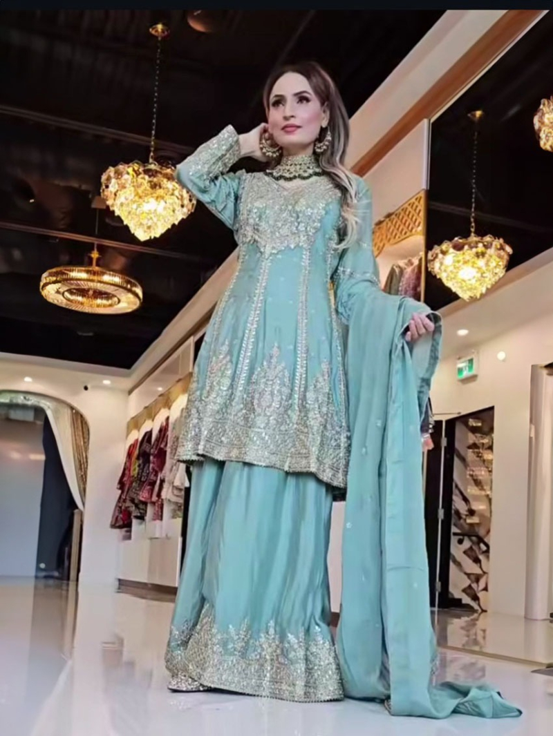 Elegant Ethnic Festive  Sky Blue Chinnon Sharara Plazo Suit