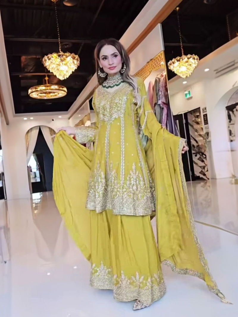 Traditional Elegant Mustard Yellow Chinnon Sharara Plazo Suit