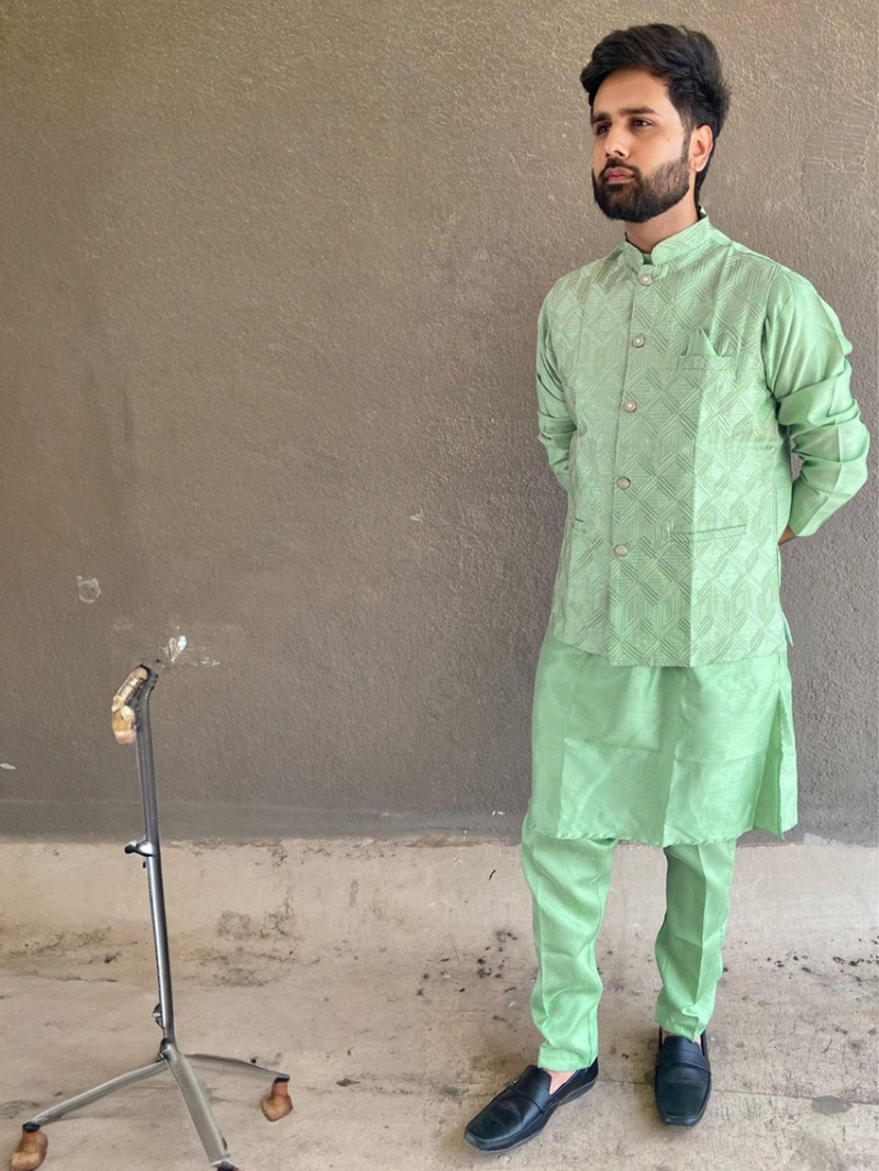 Premium  Ethnic Festive Bangalori Silk Kurta-Pant-Koti Set
