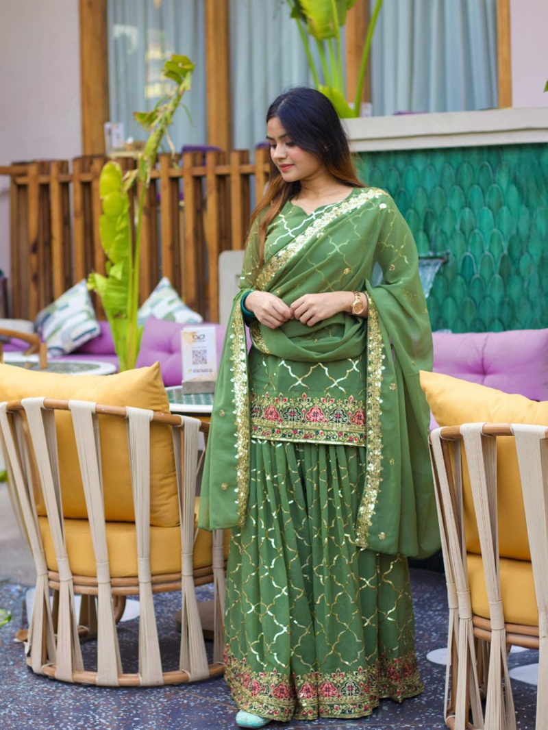 Authentic Elegant  Green Chinnon Silk Embroidered Plazo Suit