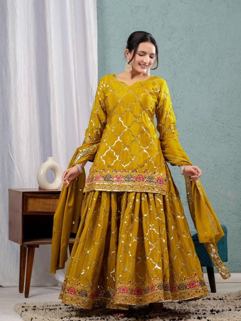 Authentic Traditional Mustard Yellow Chinnon Silk Embroidered Plazo Suit