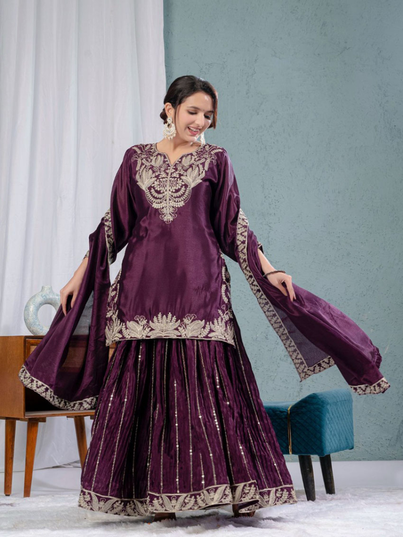 Traditional Festive Elegant Deep Plum Chinnon Silk Embroidered Sharara Suit