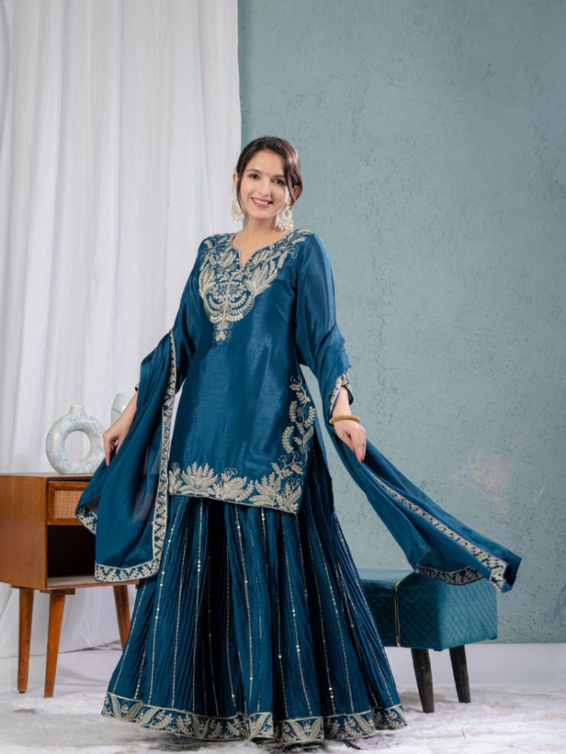 Elegant Traditional Ethnic Teal Blue Chinnon Silk Embroidered Sharara Suit