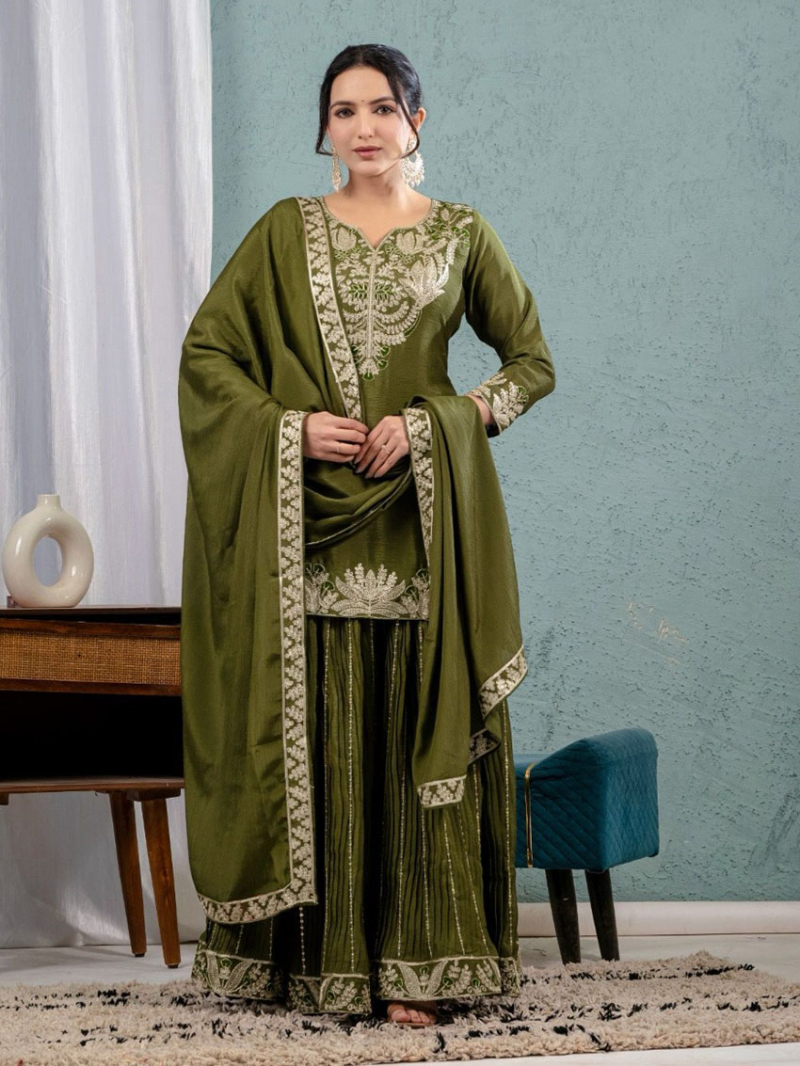 Traditional Festive Olive Green Chinnon Silk Embroidered Sharara Suit