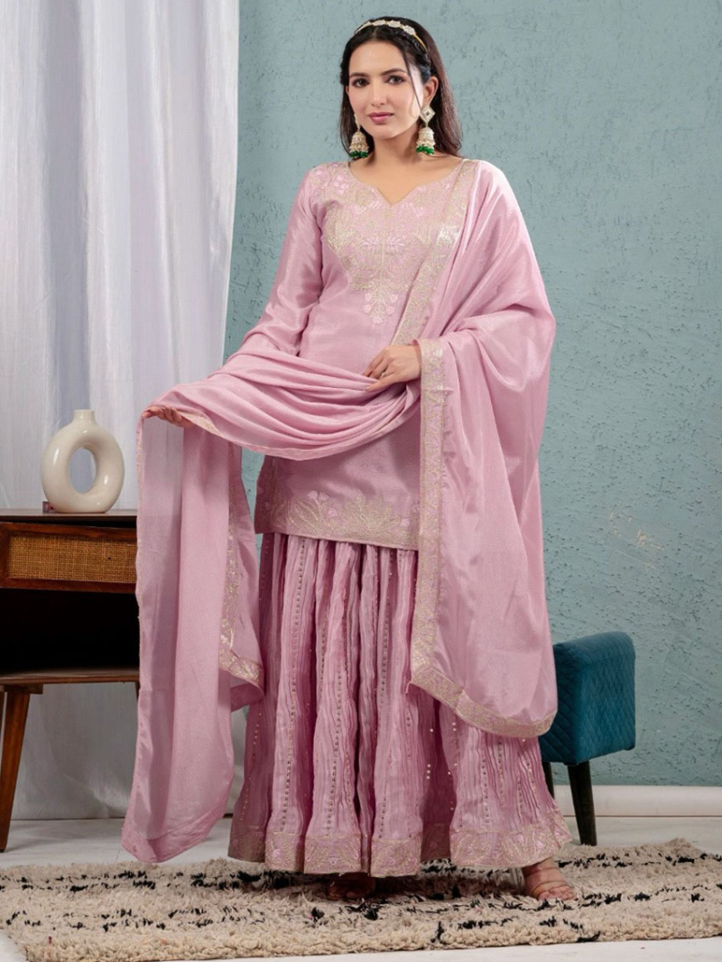Authentic Elegant Pastel Pink Chinnon Silk Embroidered Sharara Suit