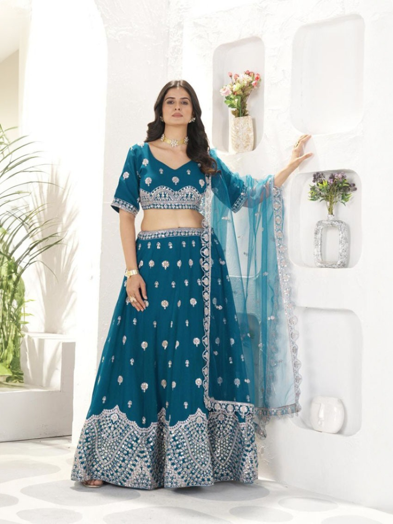 Teal Blue Faux Georgette Embroidered Lehanga Suit