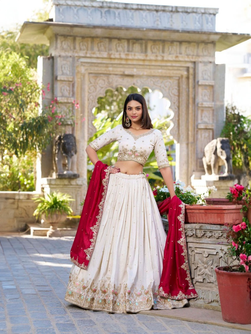 Elegant Ivory and Maroon Vichitra Silk Lehanga