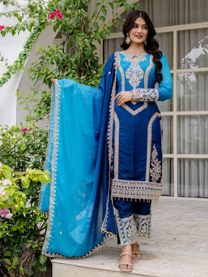 Authentic Ethnic Elegant Royal Blue & Sky Blue Straight Suit