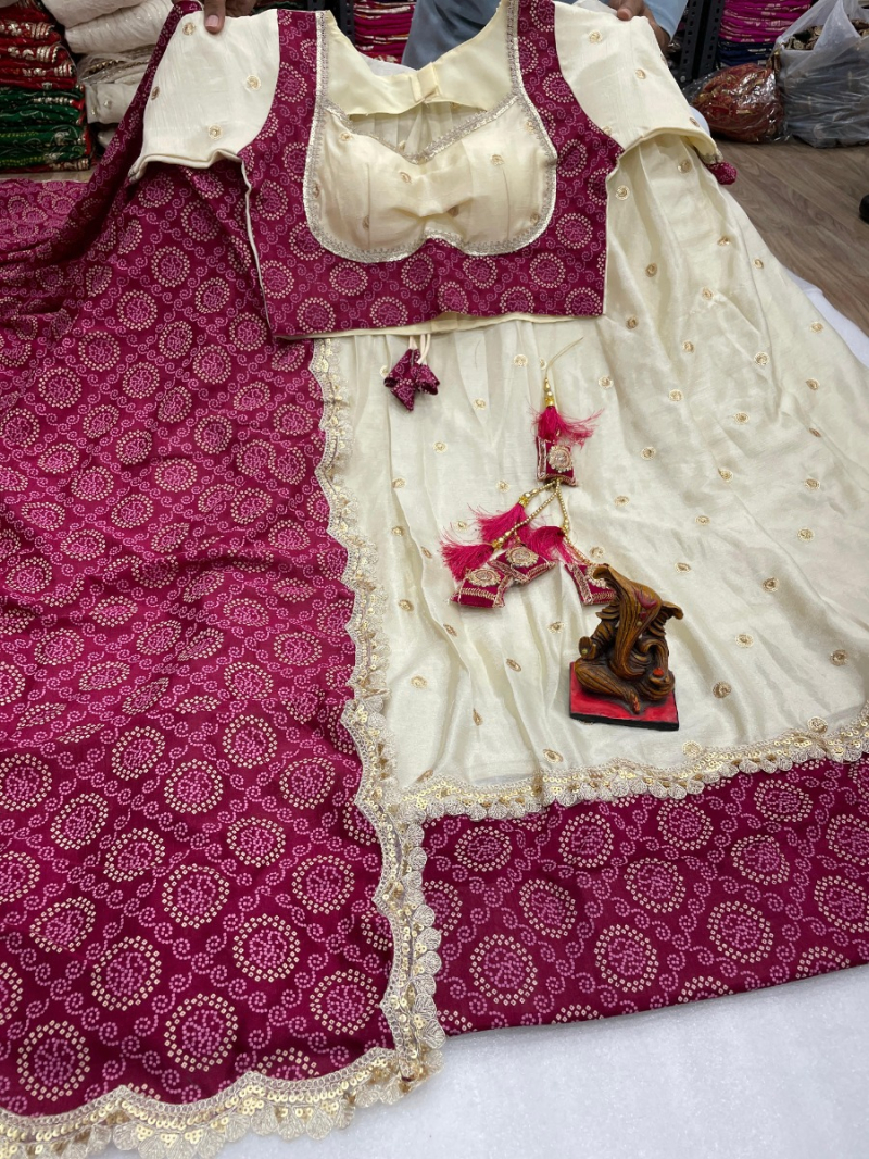 Ivory and Wine Chinnon Silk Lehanga