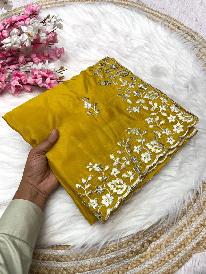 Elegant Chinon Saree with Gotapatti C-Pallu and Rich Cut Work Border