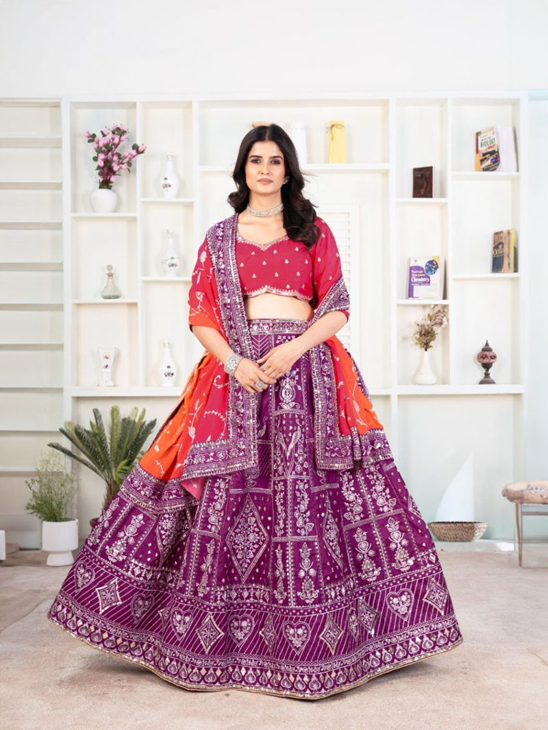 Regal Purple and Pink Embroidered Jalpari Silk Lehanga Set