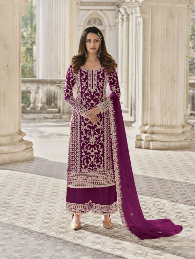 Authentic Traditional Festive Wine Georgette Straight Suit  