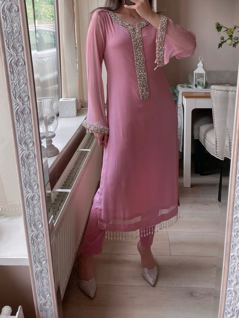 Authentic Ethnic Festive Pastel Pink Faux Georgette Straight Suit
