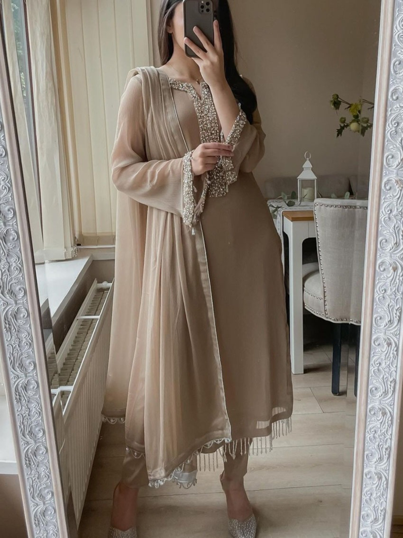 Authentic Ethnic Festive Beige Faux Georgette Straight Suit