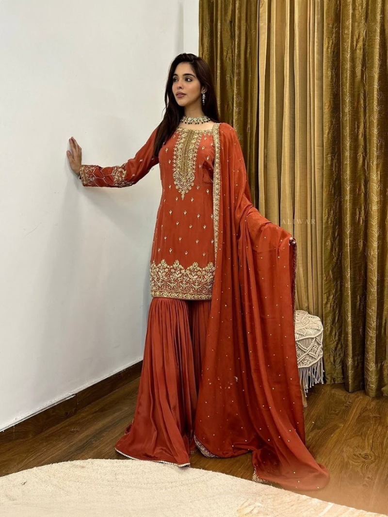 Elegant Ethnic Festive Rust Shimmer Silk Sharara Suit