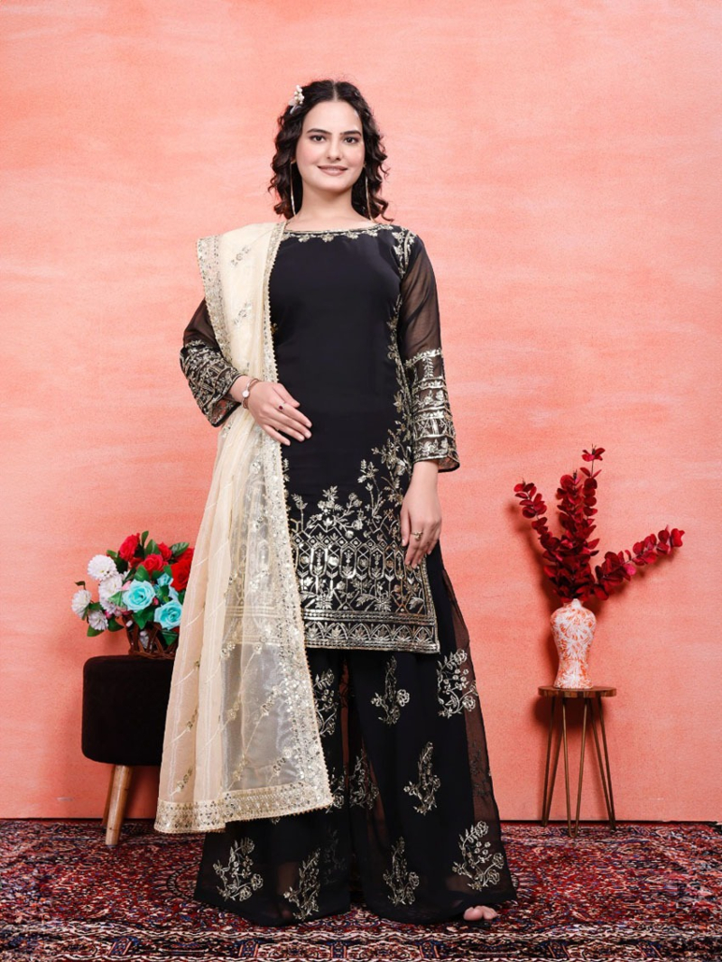 Authentic Elegant Ethnic Black & Gold Georgette Sharara Plazo Suit