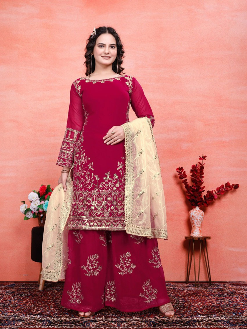 Authentic Elegant Ethnic Maroon Gold Georgette Sharara Plazo Suit