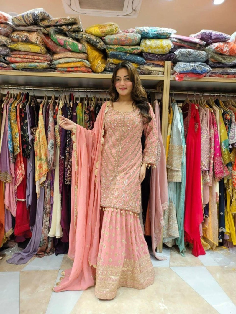 Authentic Traditional Festive Peach Pink Embroidered Sharara Plazo Suit