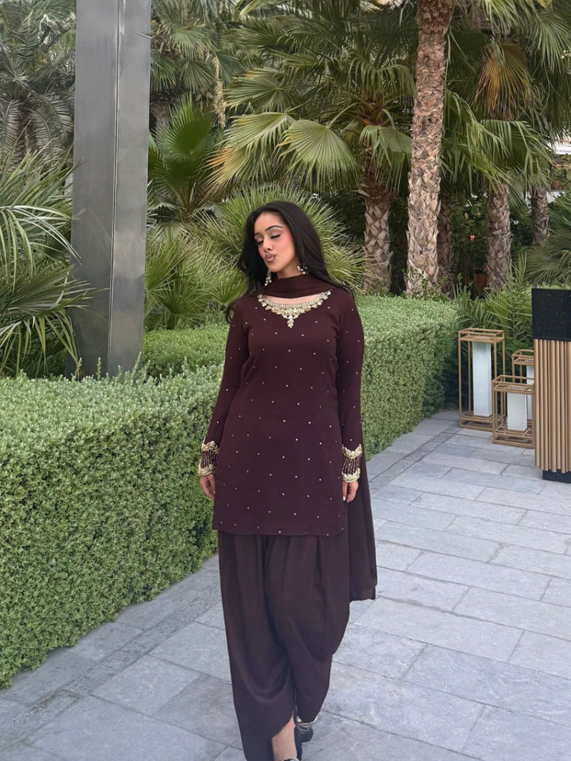 Authentic Ethnic Elegant Mocha Brown Georgette Farshi Suit
