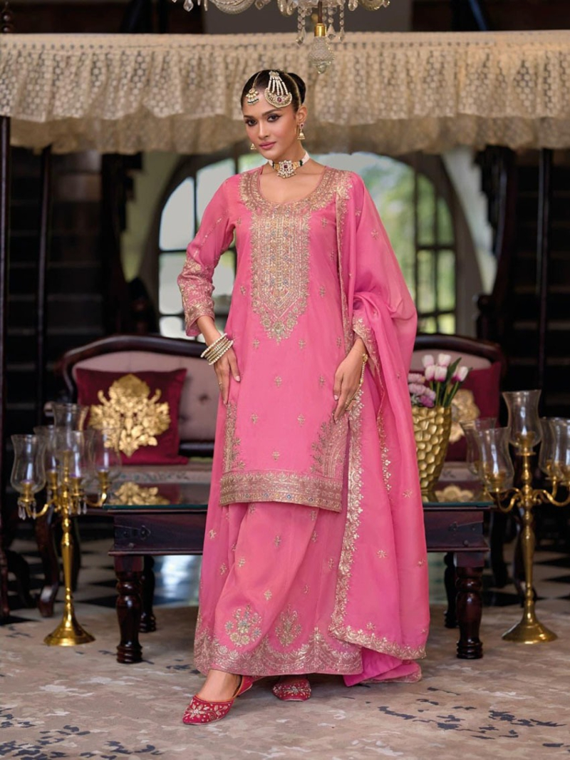 Authentic Elegant Ethnic Rose Pink Shimmer Plazo Suit