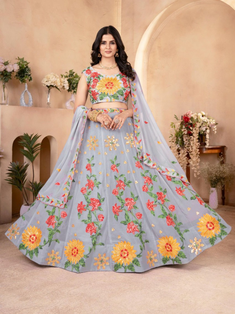 Pastel Blue Floral Embroidered Faux Georgette Lehanga Set