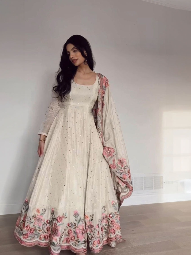 Elegant Ethnic Traditional Off white Chinnon Silk Anarkali Gown Suit