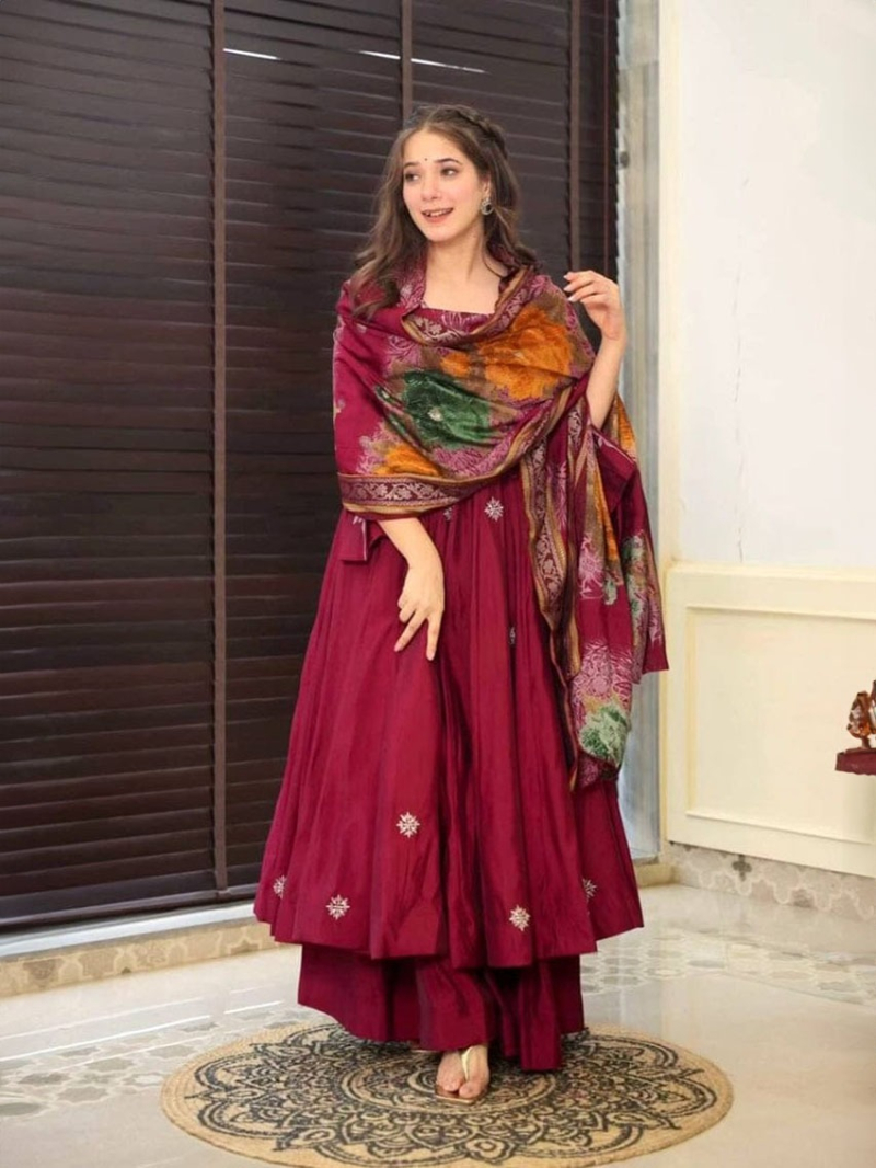 Elegant Ethnic Traditional Maroon Roman Silk Anarkali Suit