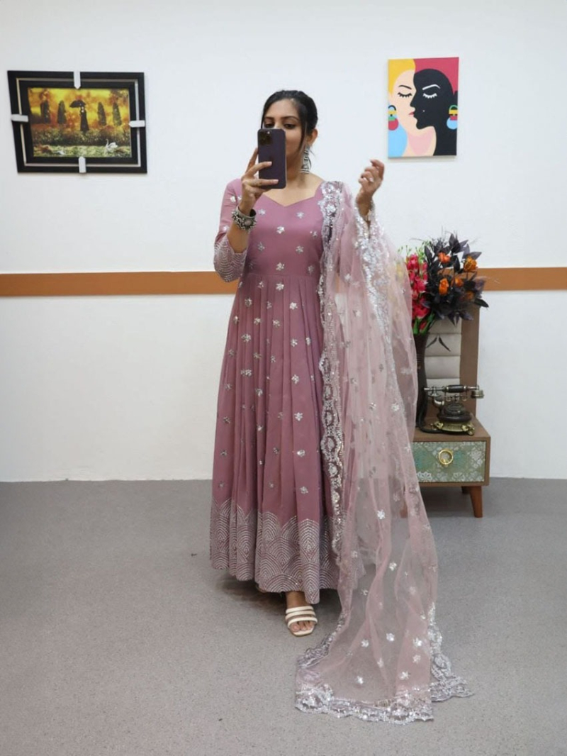 Authentic Elegant Ethnic Dusty Mauve Georgette Anarkali Suit