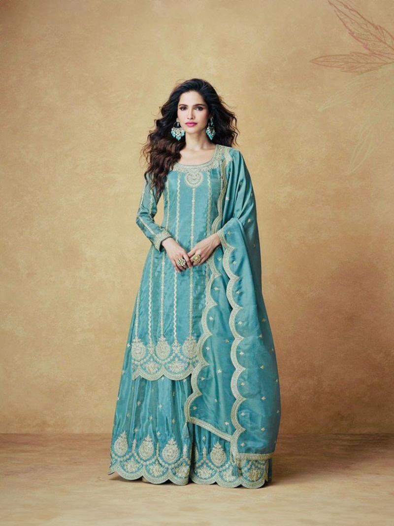 Authentic Traditional Ethnic Sky Blue Chinnon Silk Sharara Suit