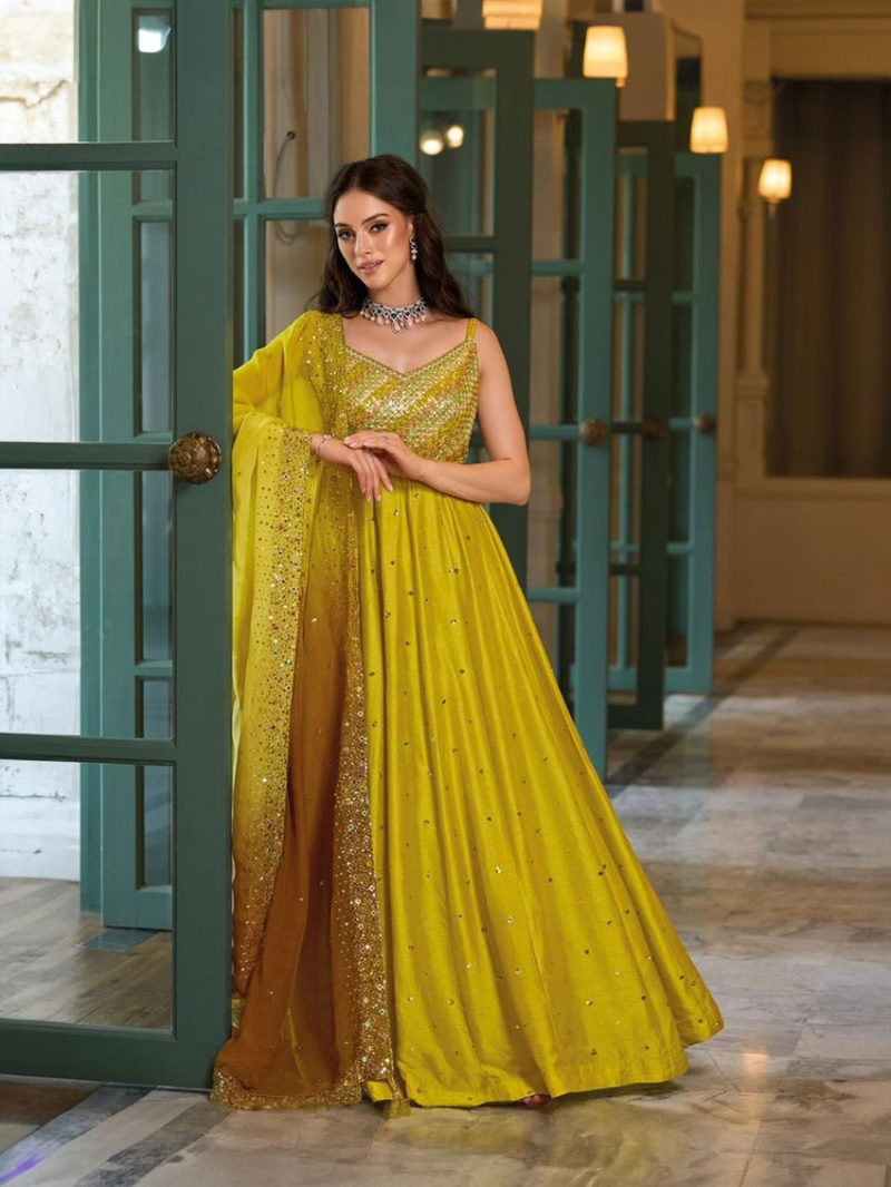 Authentic Ethnic Mustard Yellow Silk Anarkali Gown Set