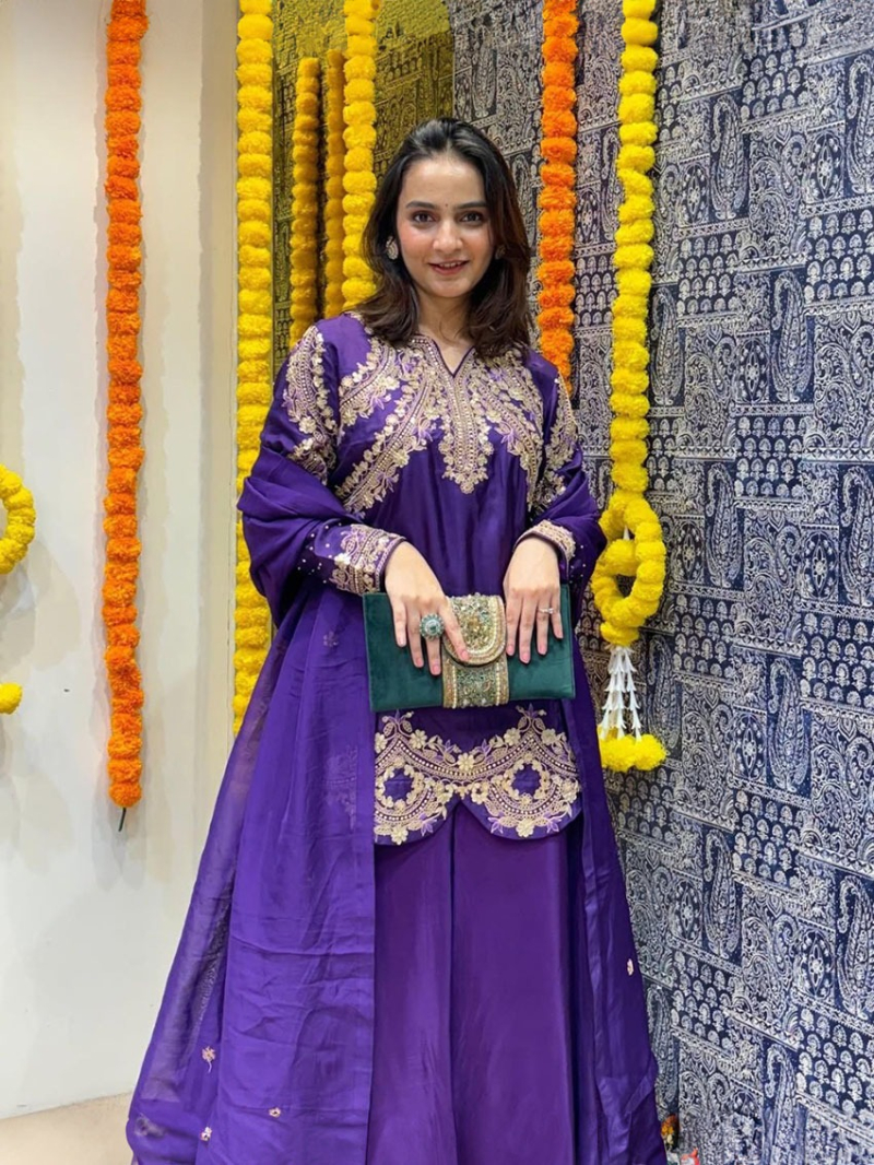 Elegant Ethnic Traditional Royal Purple Chinnon Silk Plazo Suit