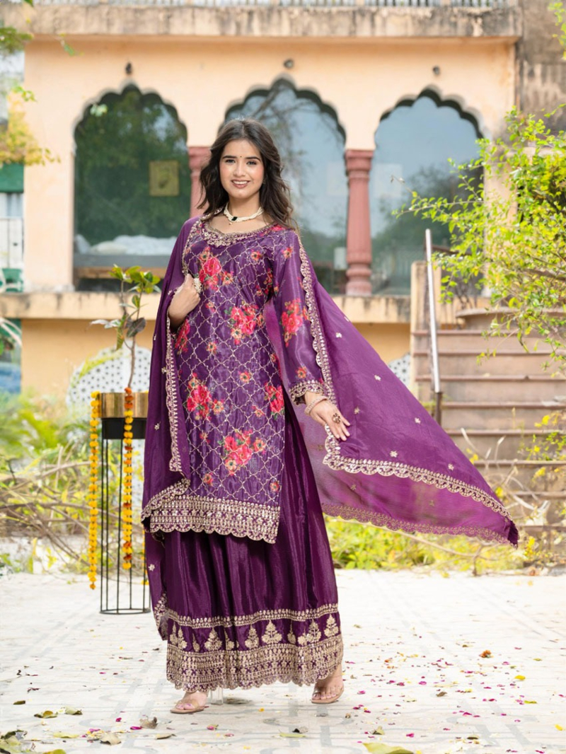 Elegant Ethnic Festive Wine Chinnon Silk Plazo Suit