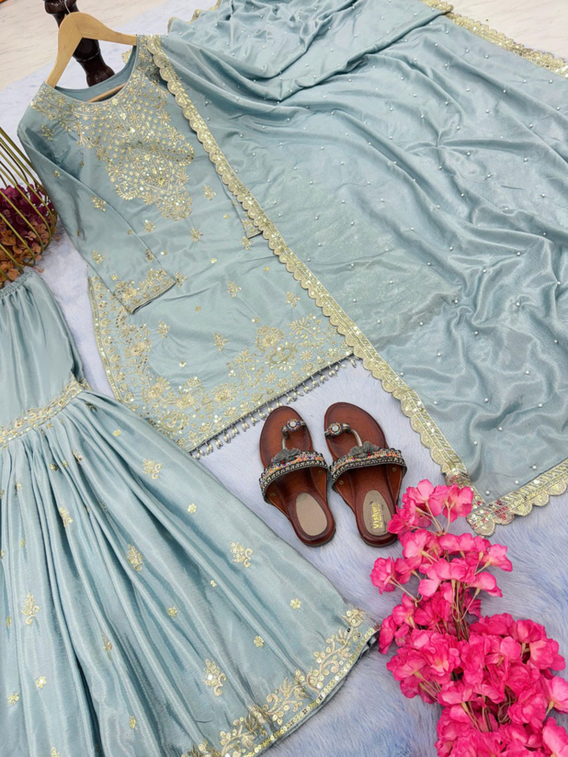 Authentic Festive Dusty Pastel Blue Chinnon Sharara Suit