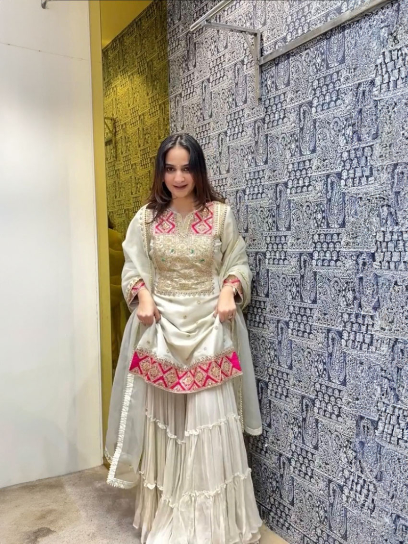 Elegant Ethnic Festive Ivory Gold Vichitra Silk Sharara Suit