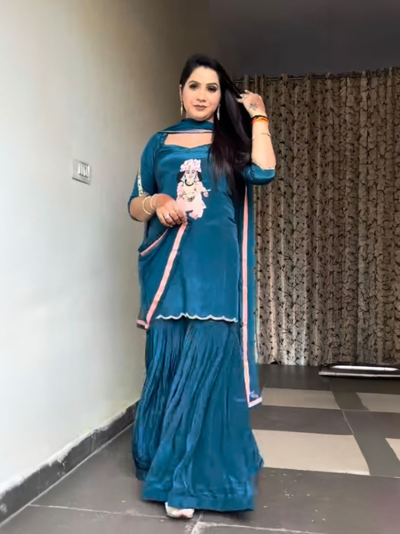 Authentic Ethnic Elegant Rama Crepe Sharara Plazo Suit