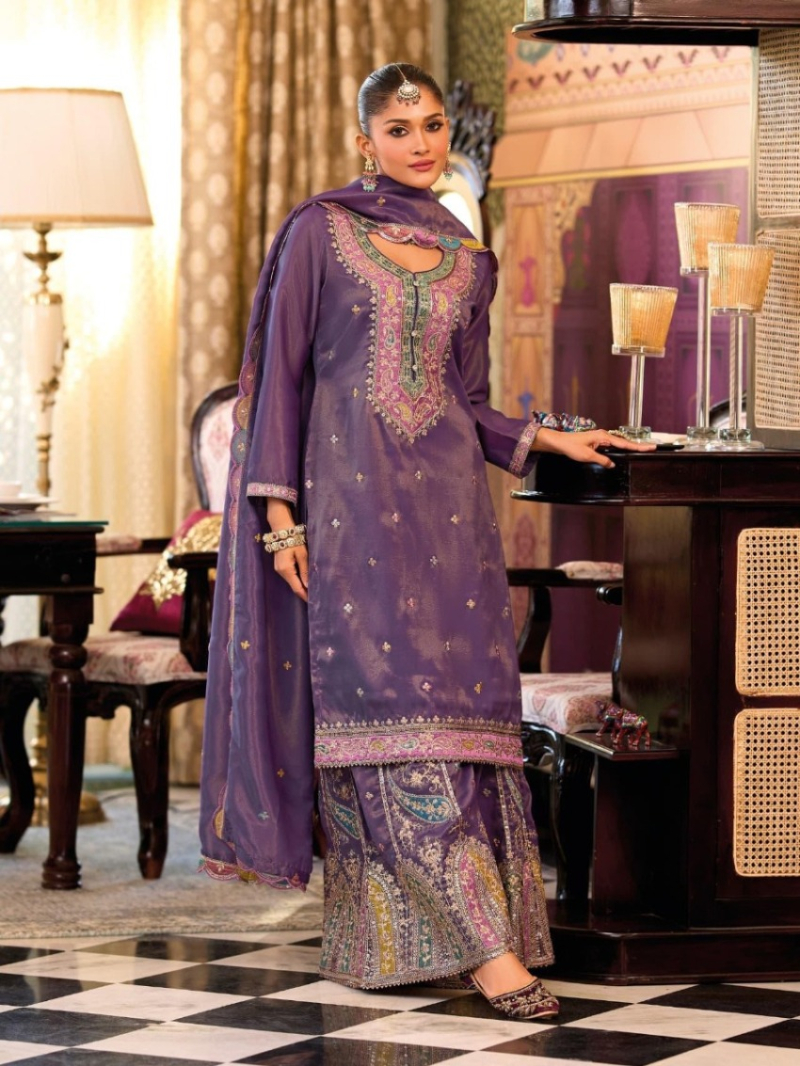 Traditional Festive Ethnic Royal Purple Shimmer Embroidered Plazo Suit
