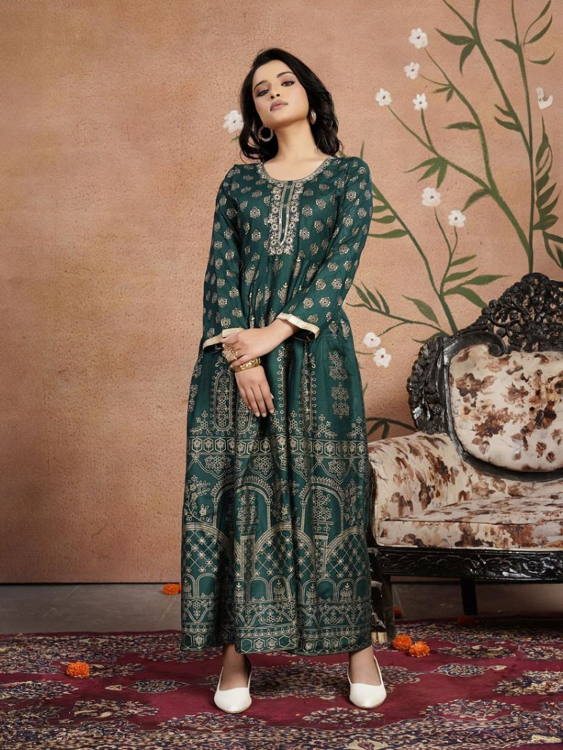 Elegant Festive Traditional Bottle Green Printed Suit