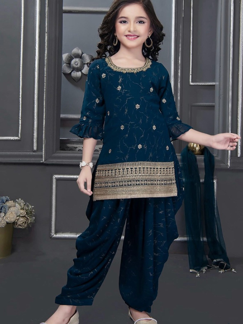 Elegant Ethnic Traditional Navy Blue Kids Chinnon Silk Patiala Suit