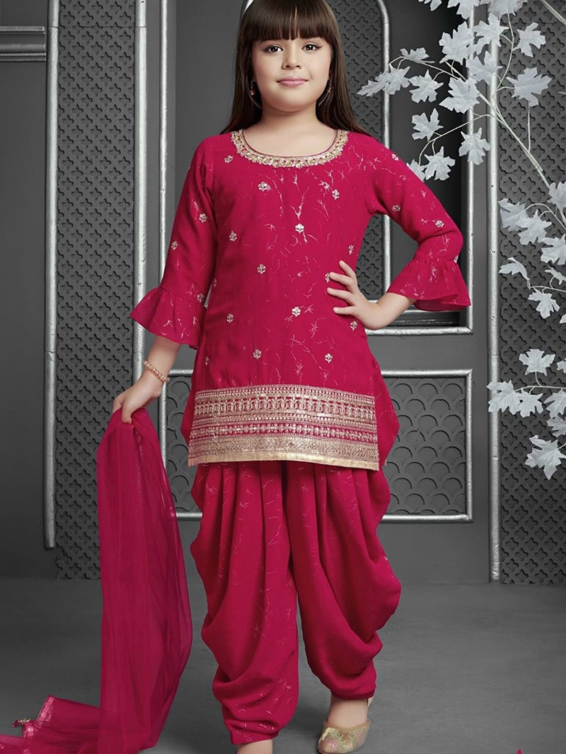 Authentic Ethnic Festive Raspberry Kids Chinnon Silk Patiala Suit