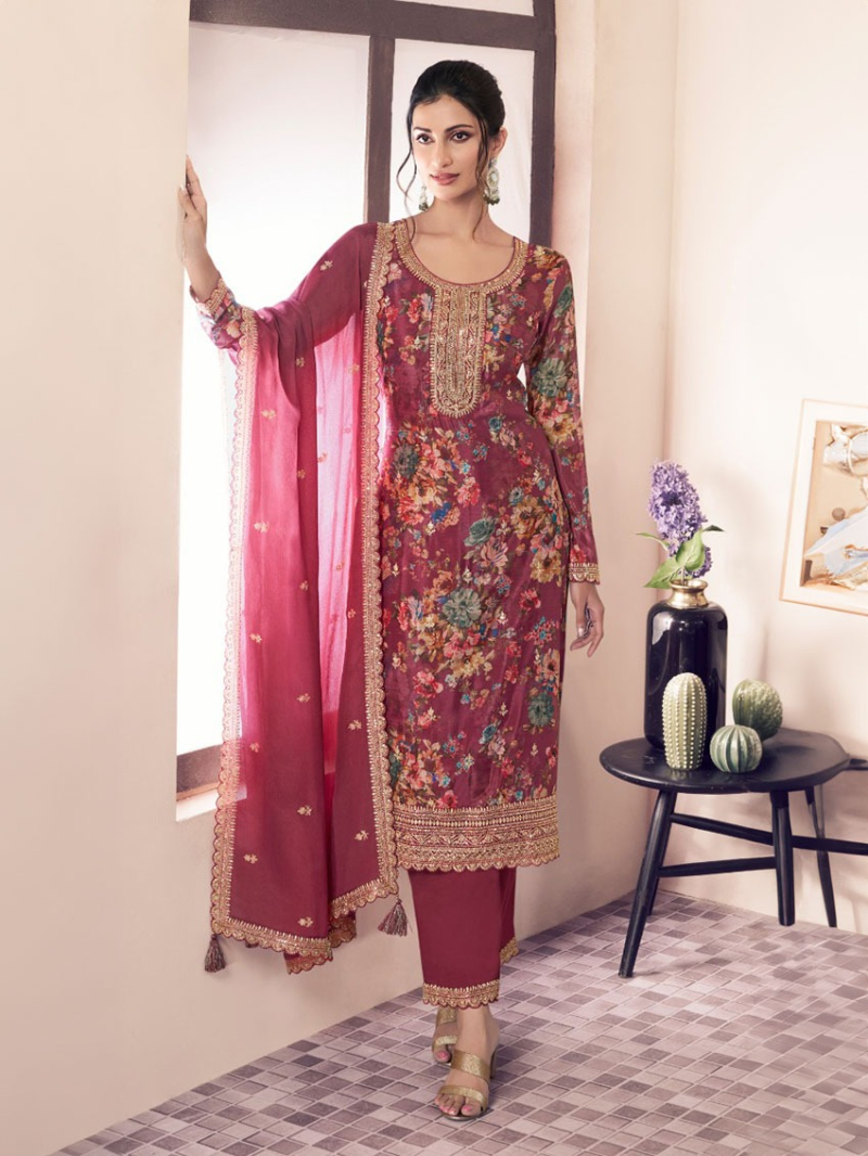 Traditional Elegant Ethnic Rose Wine Chinnon Silk Straight Suit
