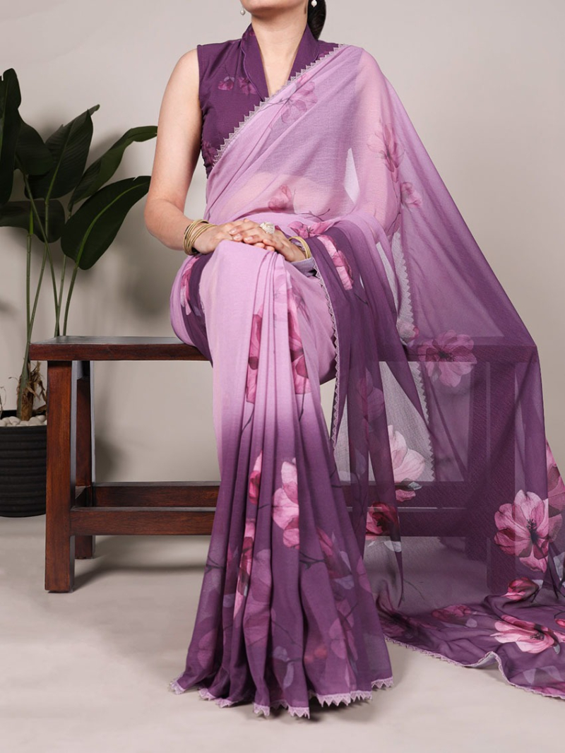 Elegant Weightless Marble Saree with Floral Print & Lace Detailing