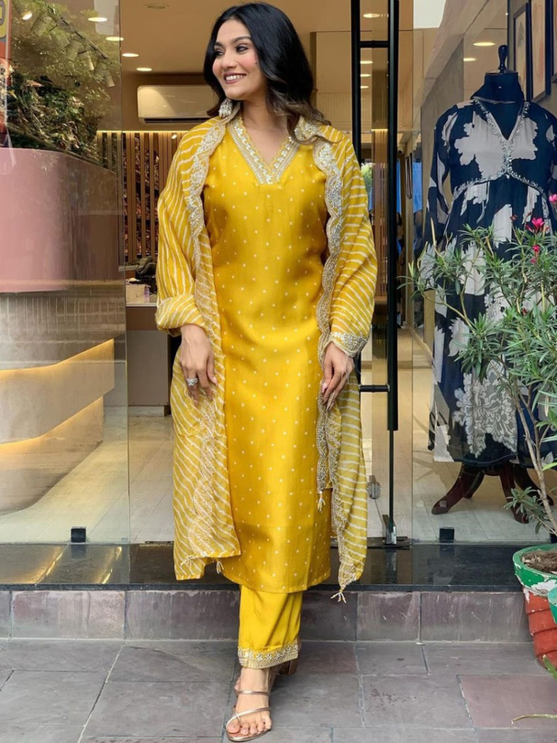 Authentic Ethnic Traditional Mustard Chinnon Silk Straight Suit