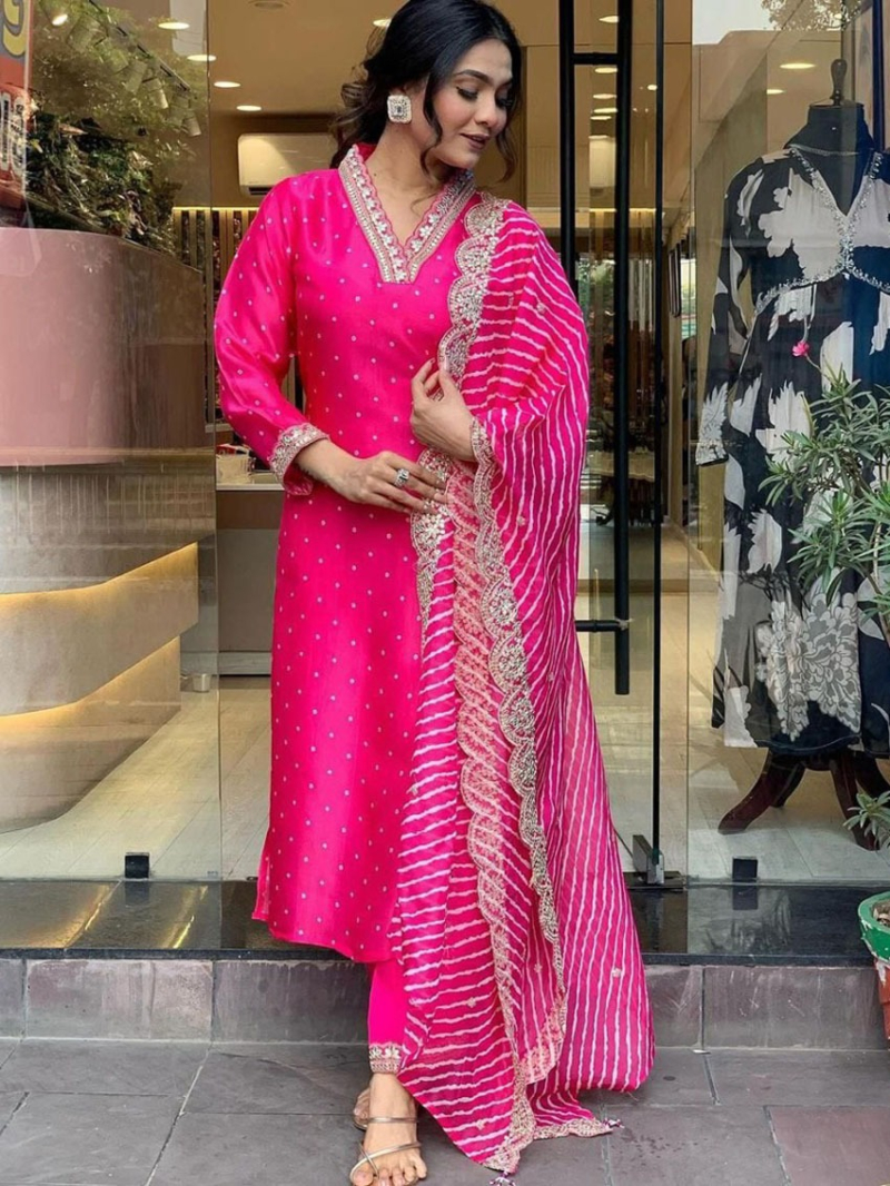 Authentic Ethnic Traditional Rani Pink Chinnon Silk Straight Suit