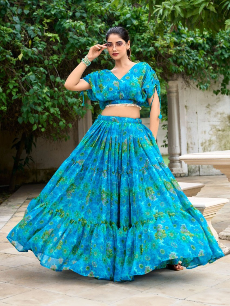 Floral Bloom Chiffon Lehanga Set with Pearl Touch