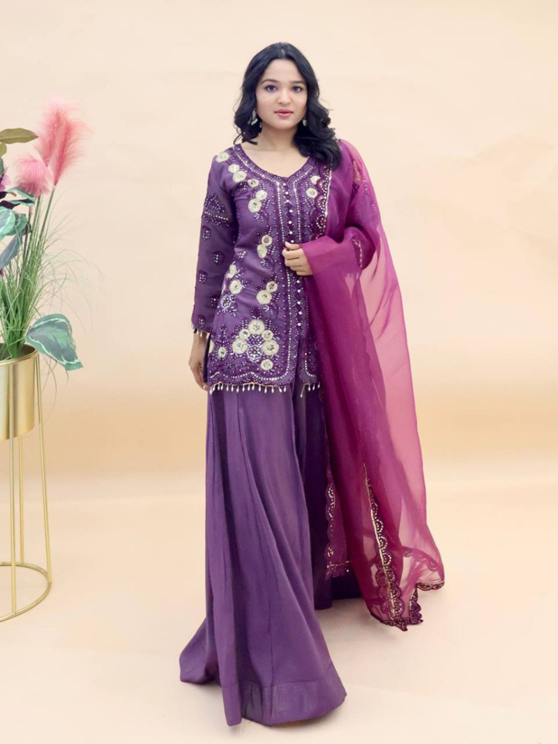 Authentic Ethnic Festive Purple Shimmer Silk Plazo Suit