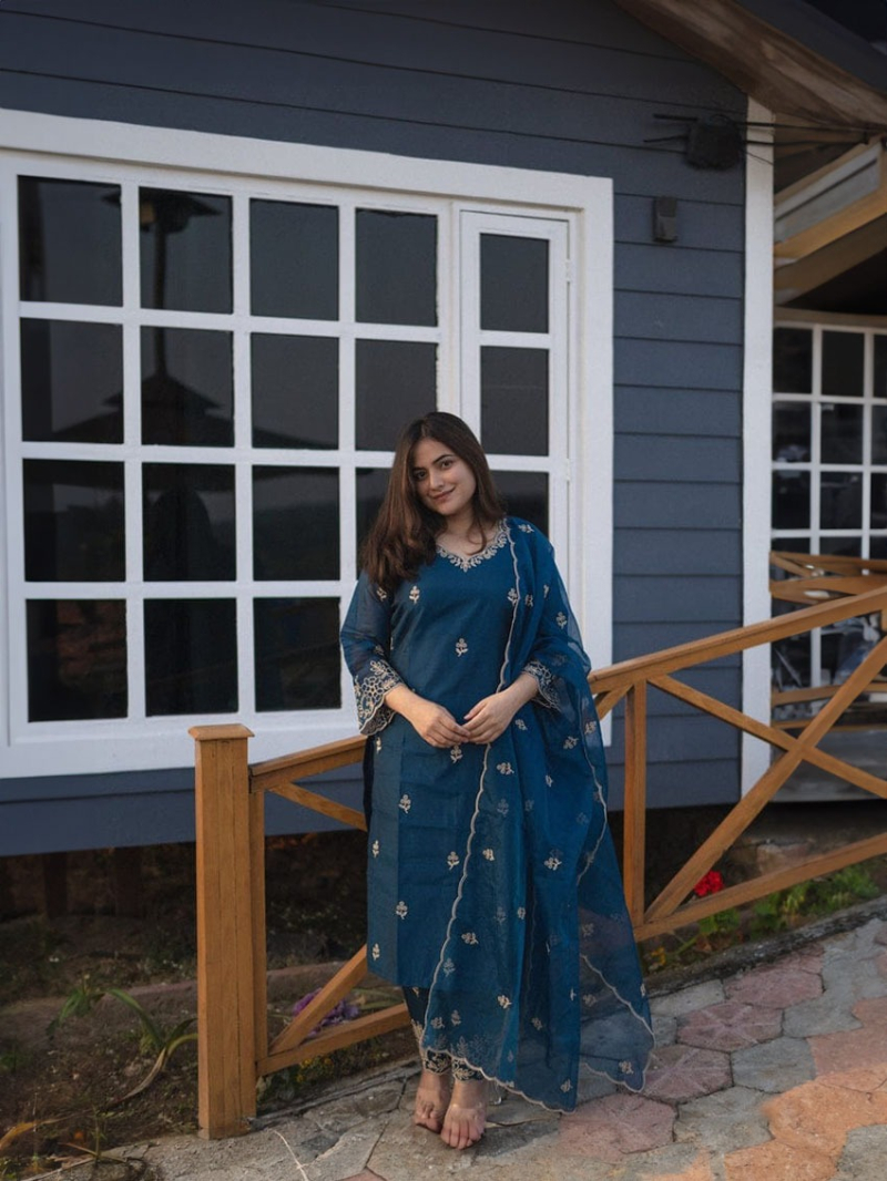 Elegant Ethnic Festive Navy Blue Chanderi Silk Straight Suit