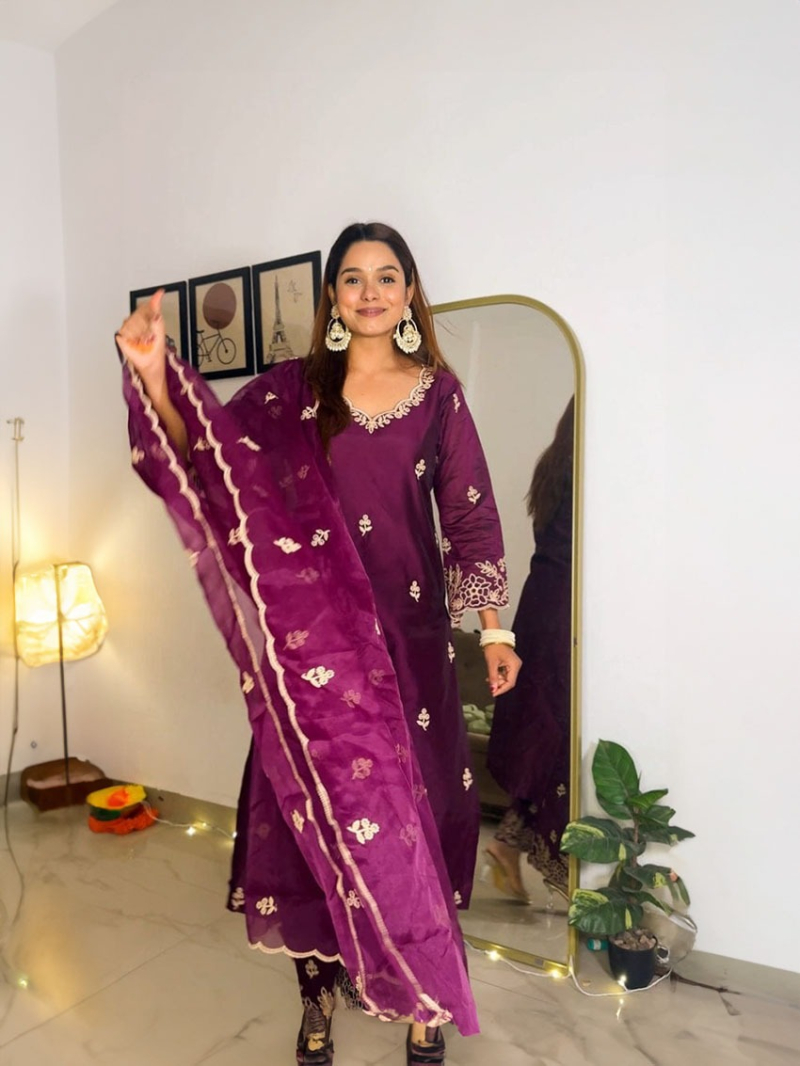 Ethnic Elegant Festive Wine Chanderi Silk Straight Suit